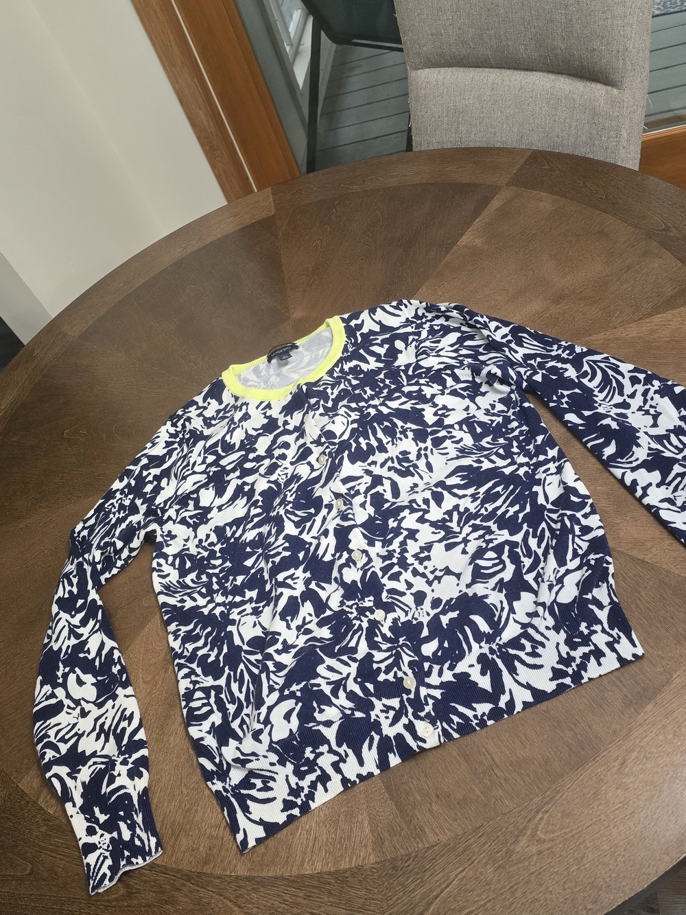 Lands End Navy White Floral Print Cardigan Yellow Chartreuse Trim 100% Cotton